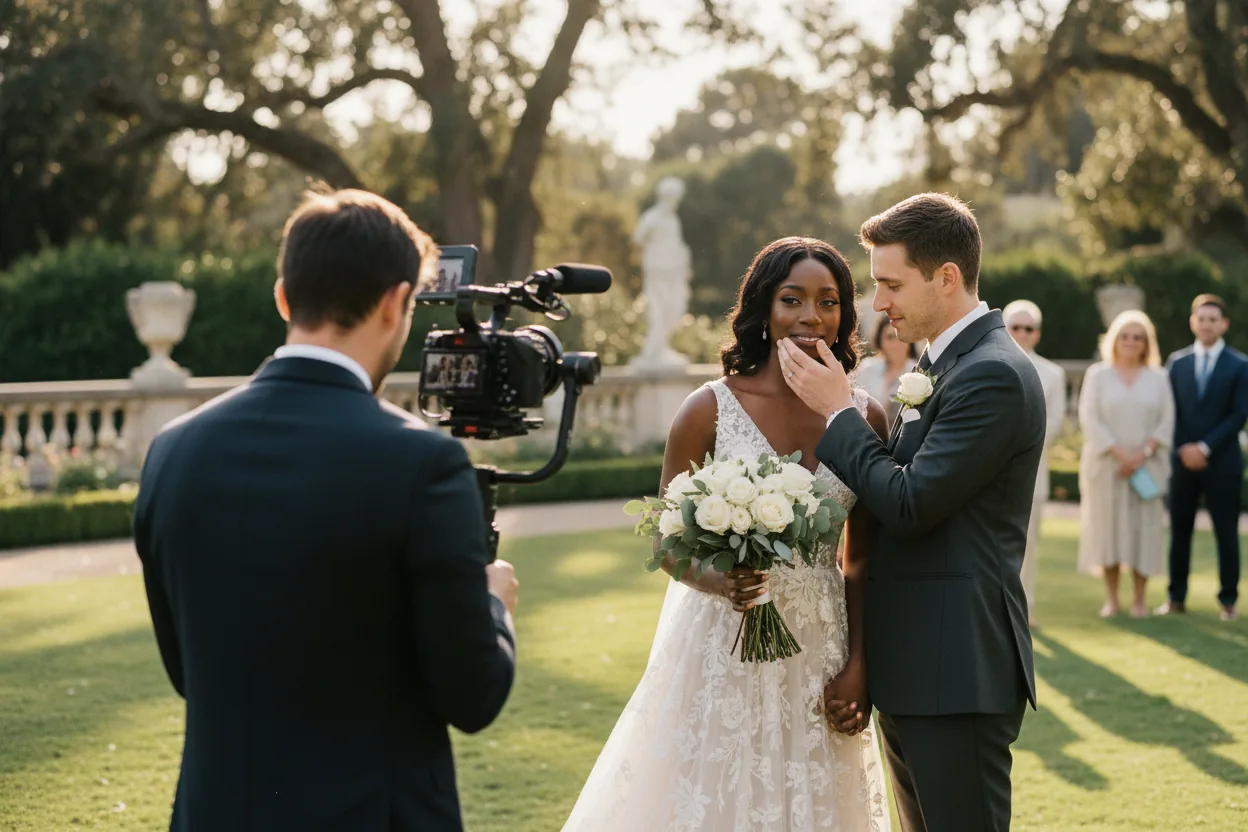 Wedding Videographer in San Marino, CA: a videographer filming newlyweds on the lawn of a grand historic estate garden in San Marino