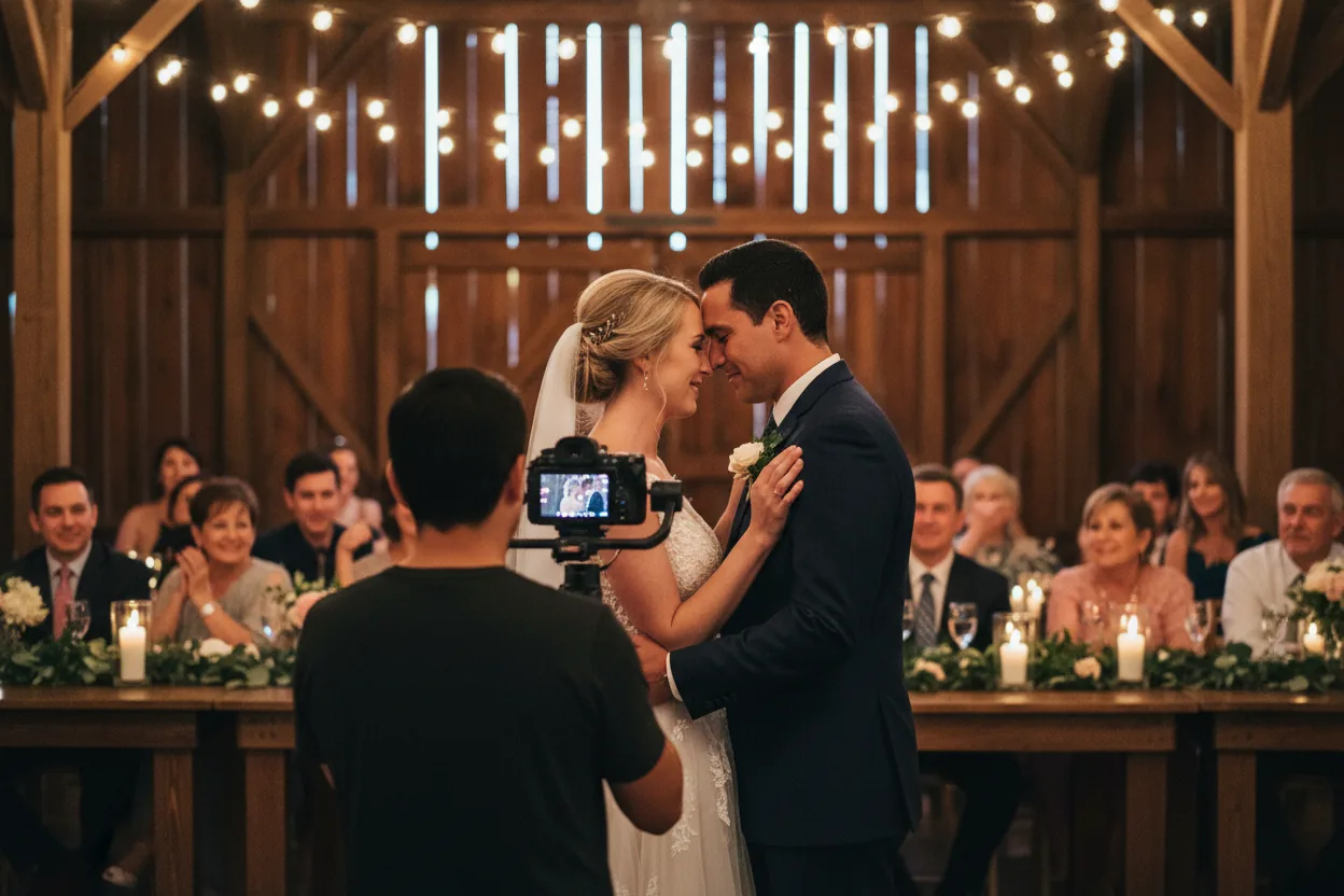 Wedding Videographer in Santa Clarita, CA: a videographer filming newlyweds at a rustic barn reception with string lights in the Santa Clarita Valley
