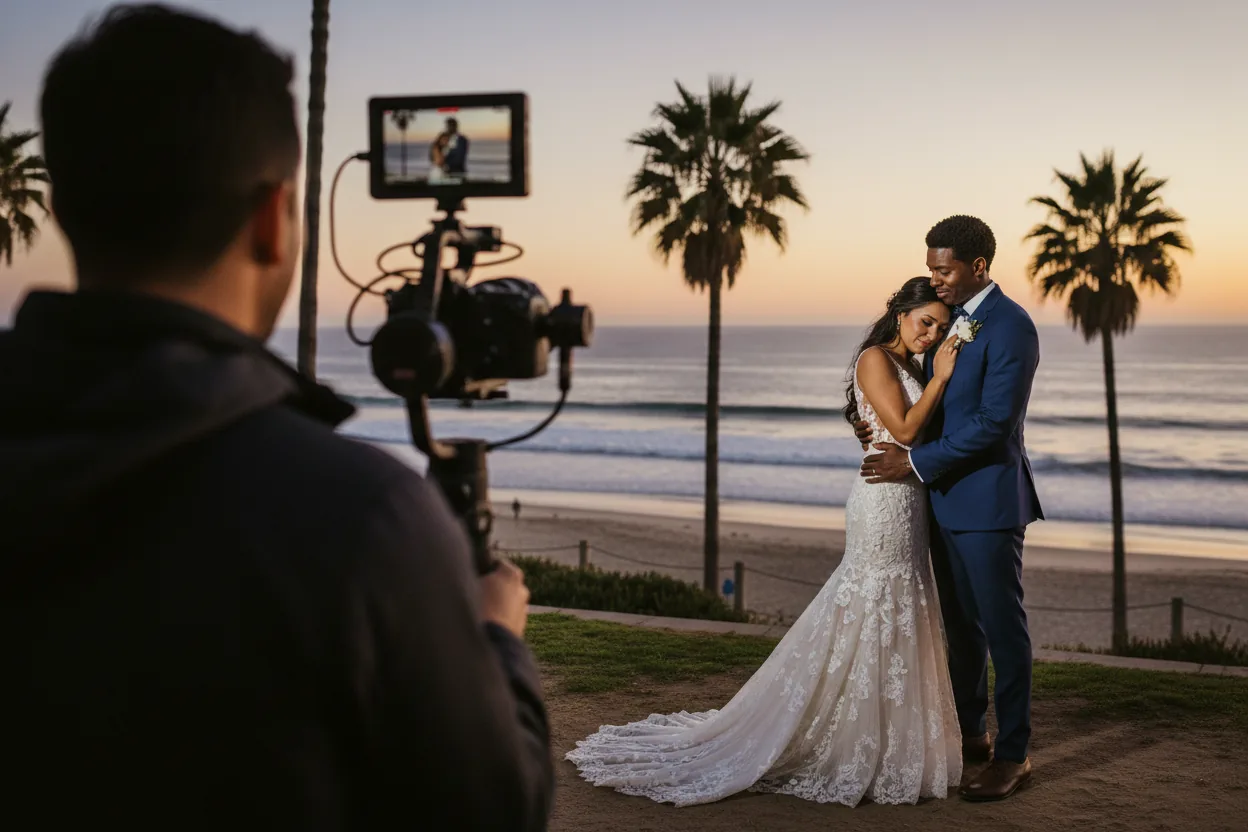 Wedding Videographer in Santa Monica, CA: a videographer filming newlyweds on the palm-lined ocean bluff park above Santa Monica beach at sunset