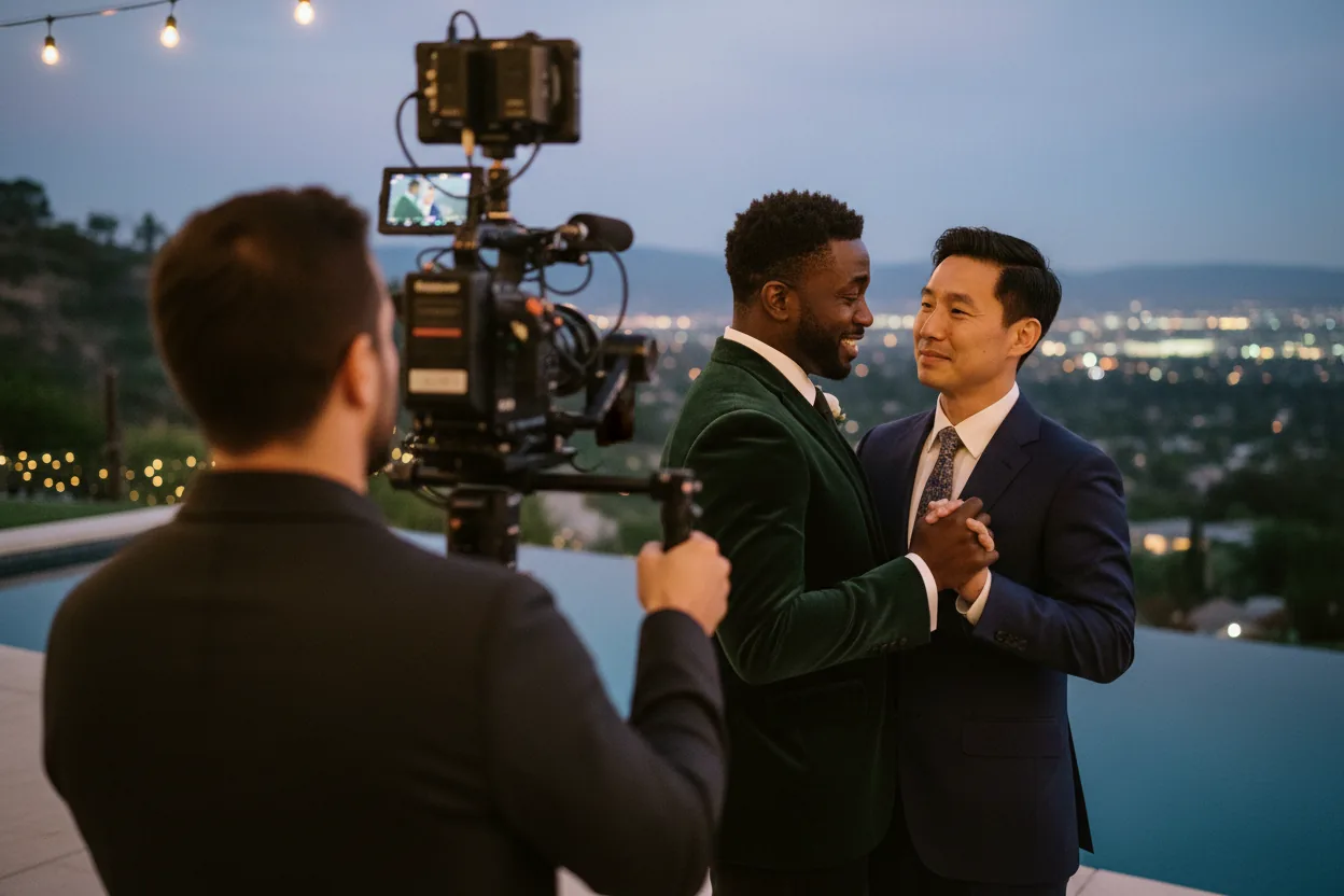 Wedding Videographer in Sherman Oaks: a videographer filming newlyweds at a modern hillside estate wedding with a pool and valley lights, Sherman Oaks