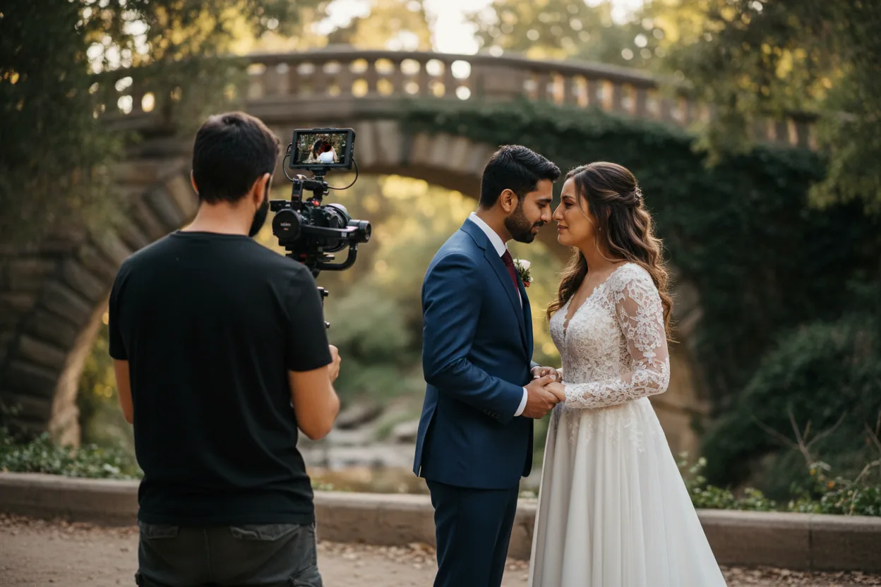 Wedding Videographer in South Pasadena, CA: a videographer filming newlyweds in the leafy Arroyo Seco park with a stone bridge, South Pasadena