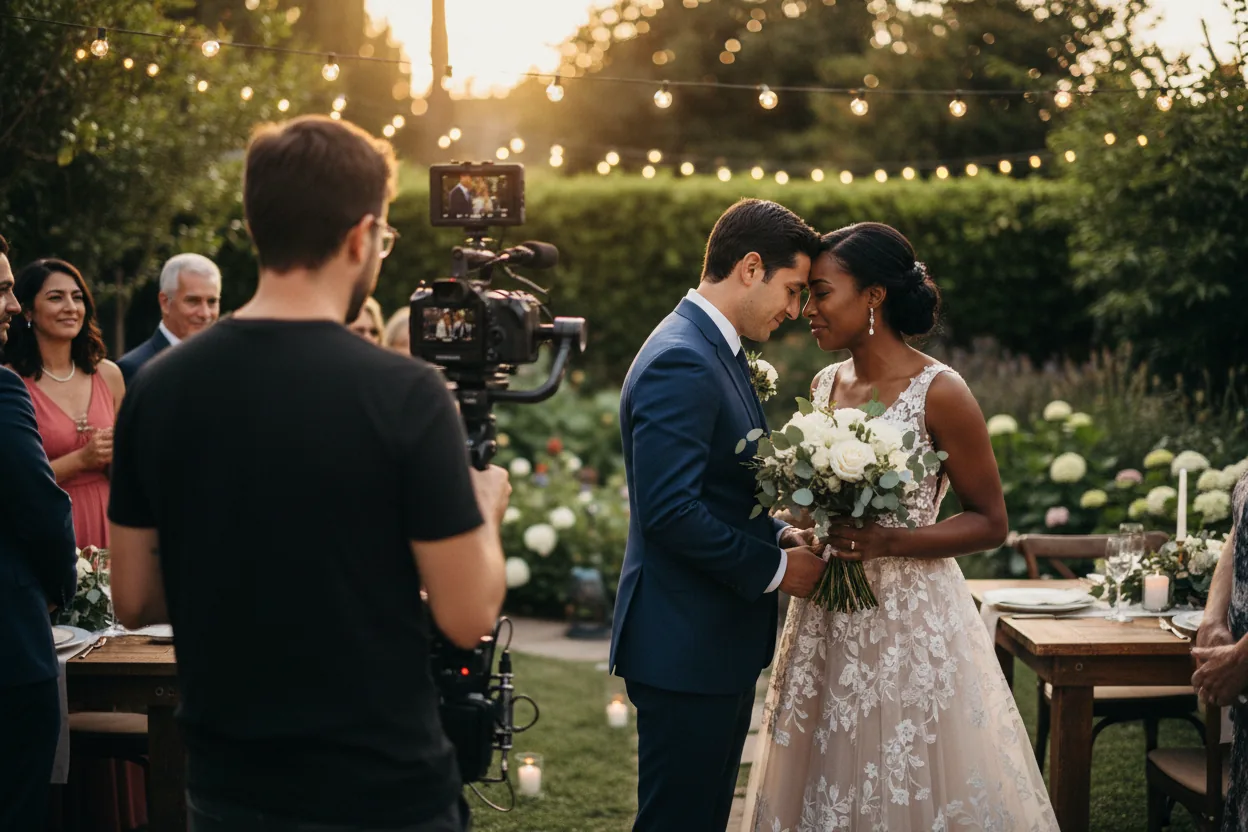 Wedding Videographer in Studio City: a videographer filming newlyweds at an intimate backyard garden reception with string lights in Studio City