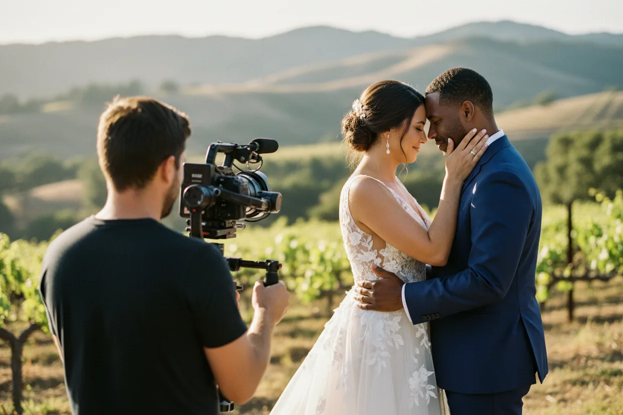Wedding Videographer in Thousand Oaks, CA: a videographer filming newlyweds at a hillside winery ceremony in the Conejo Valley, Thousand Oaks