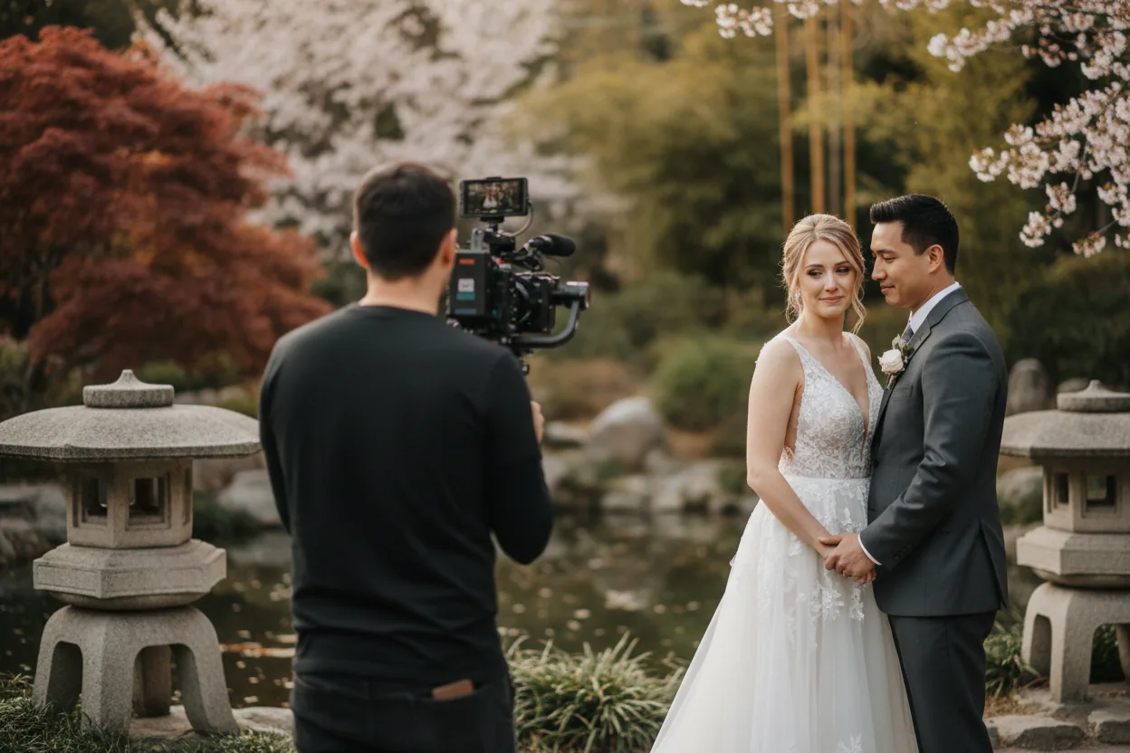 Wedding Videographer in Torrance, CA: a videographer filming newlyweds in a Japanese-style garden with a koi pond and stone lanterns in the South Bay, Torrance