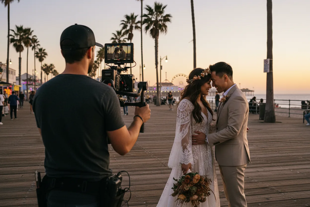 Wedding Videographer in Venice, CA: a videographer filming newlyweds on the Venice Beach boardwalk area at sunset with palm trees and the ocean