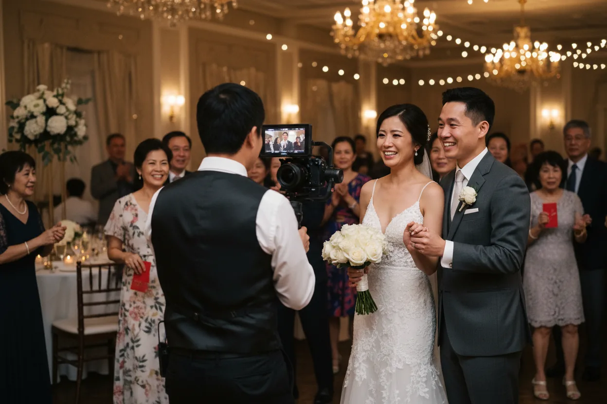 Wedding Videographer in West Covina, CA: a videographer filming newlyweds at a joyful banquet hall reception with family dancing, San Gabriel Valley
