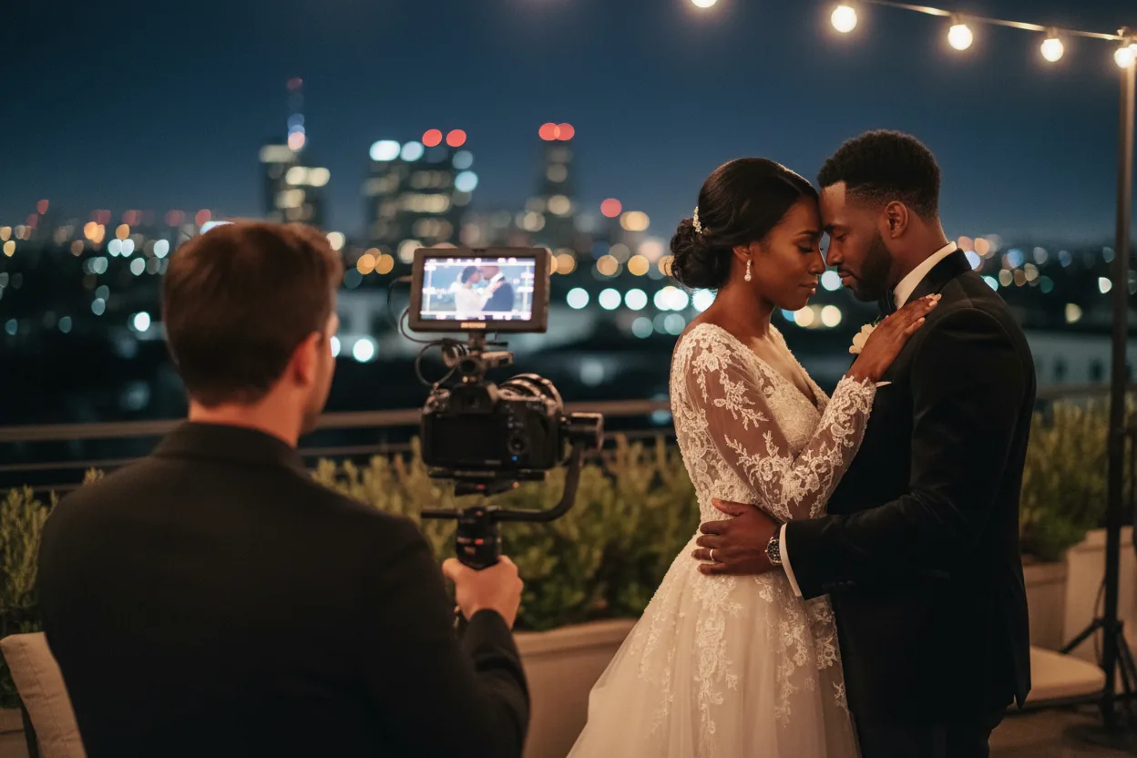 Wedding Videographer in West Hollywood, CA: a videographer filming newlyweds at a glamorous boutique-hotel rooftop reception with city lights at night, West Hollywood