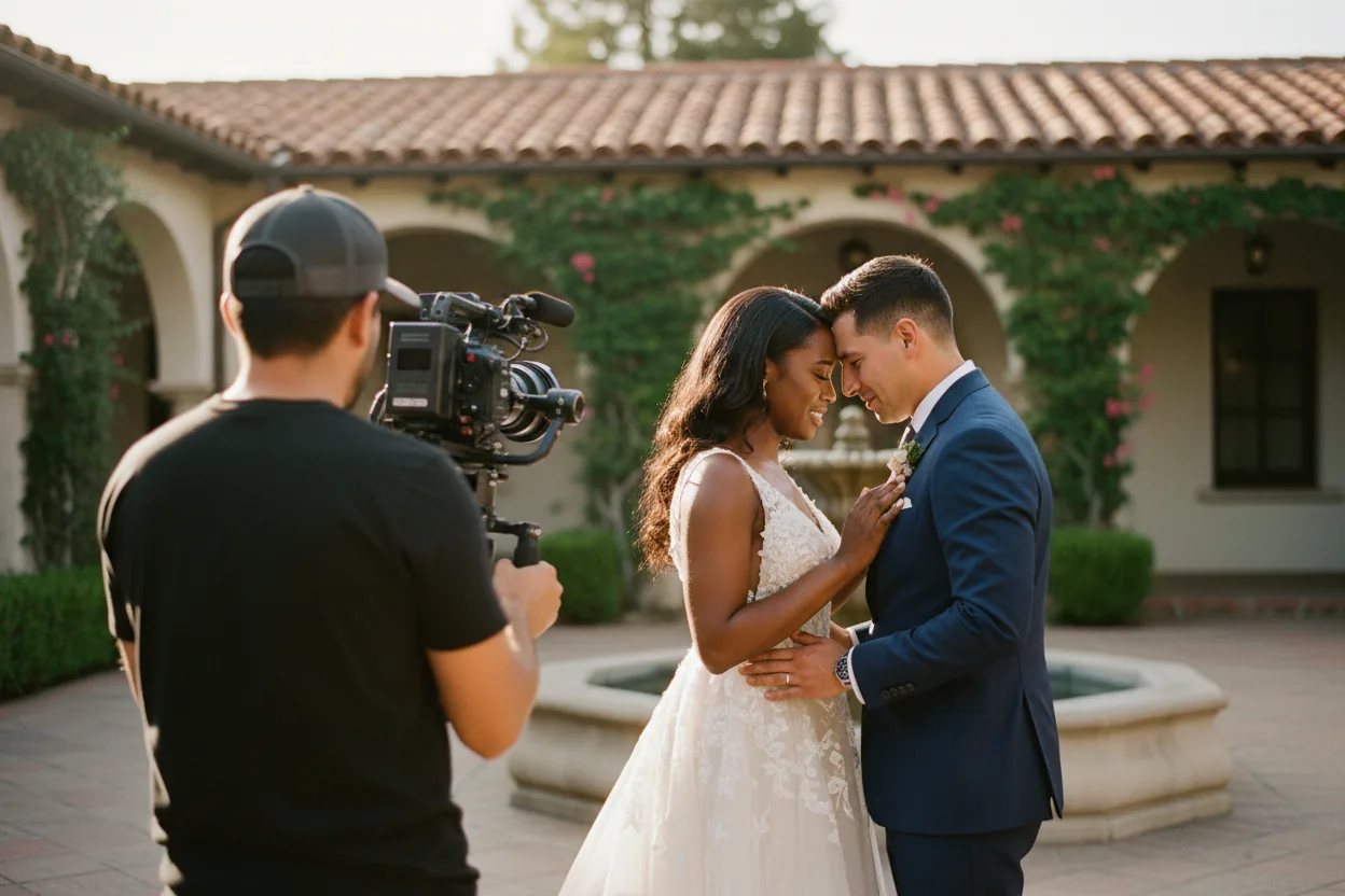 Wedding Videographer in Whittier, CA: a videographer filming newlyweds in a historic mission-style estate courtyard in Whittier