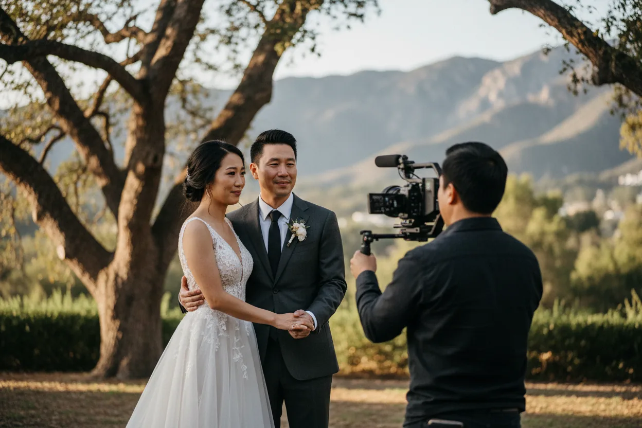 Wedding Videographer in Woodland Hills: a videographer filming newlyweds at a garden ceremony with oak trees and mountains, Woodland Hills