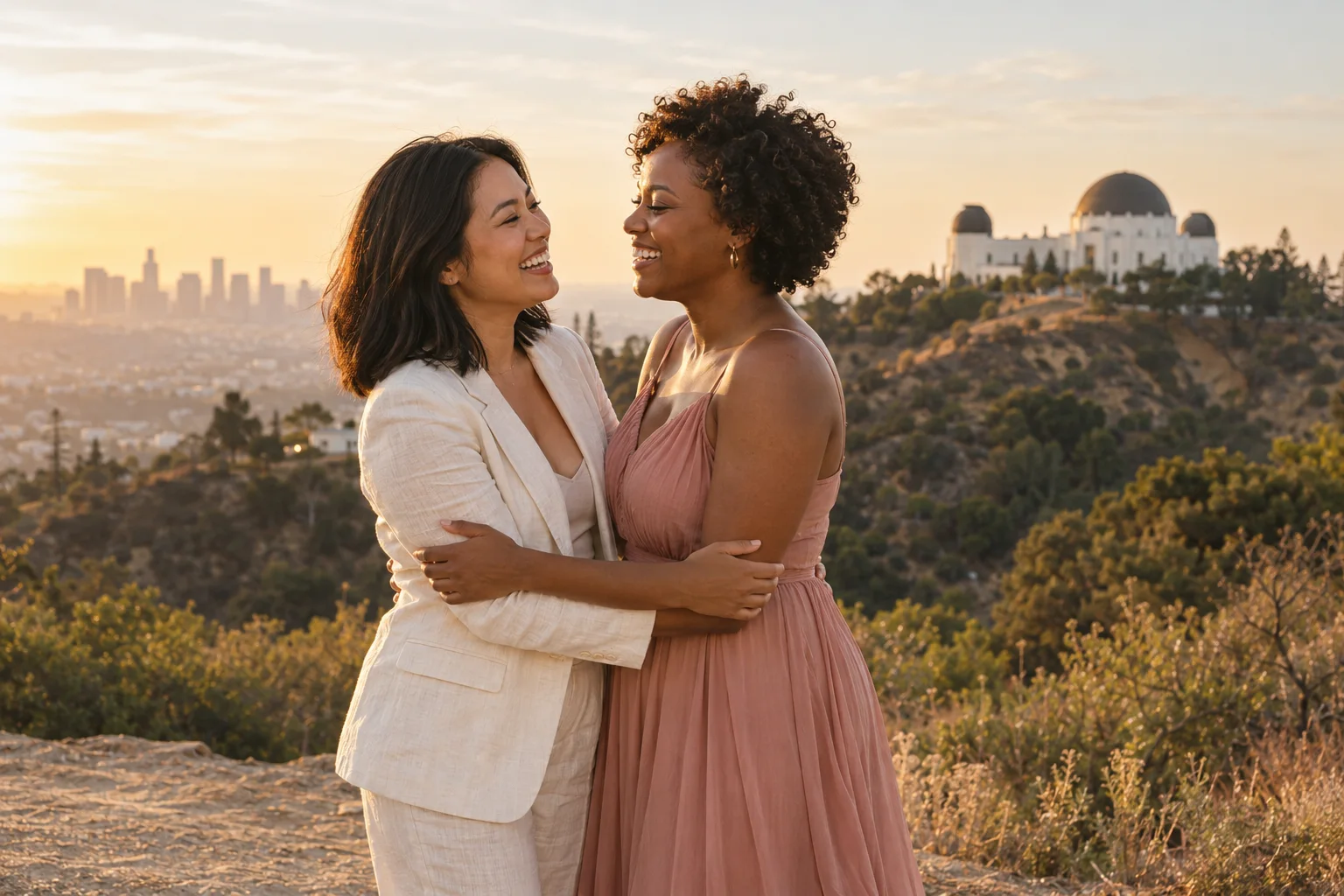 Couple together above the Los Angeles skyline