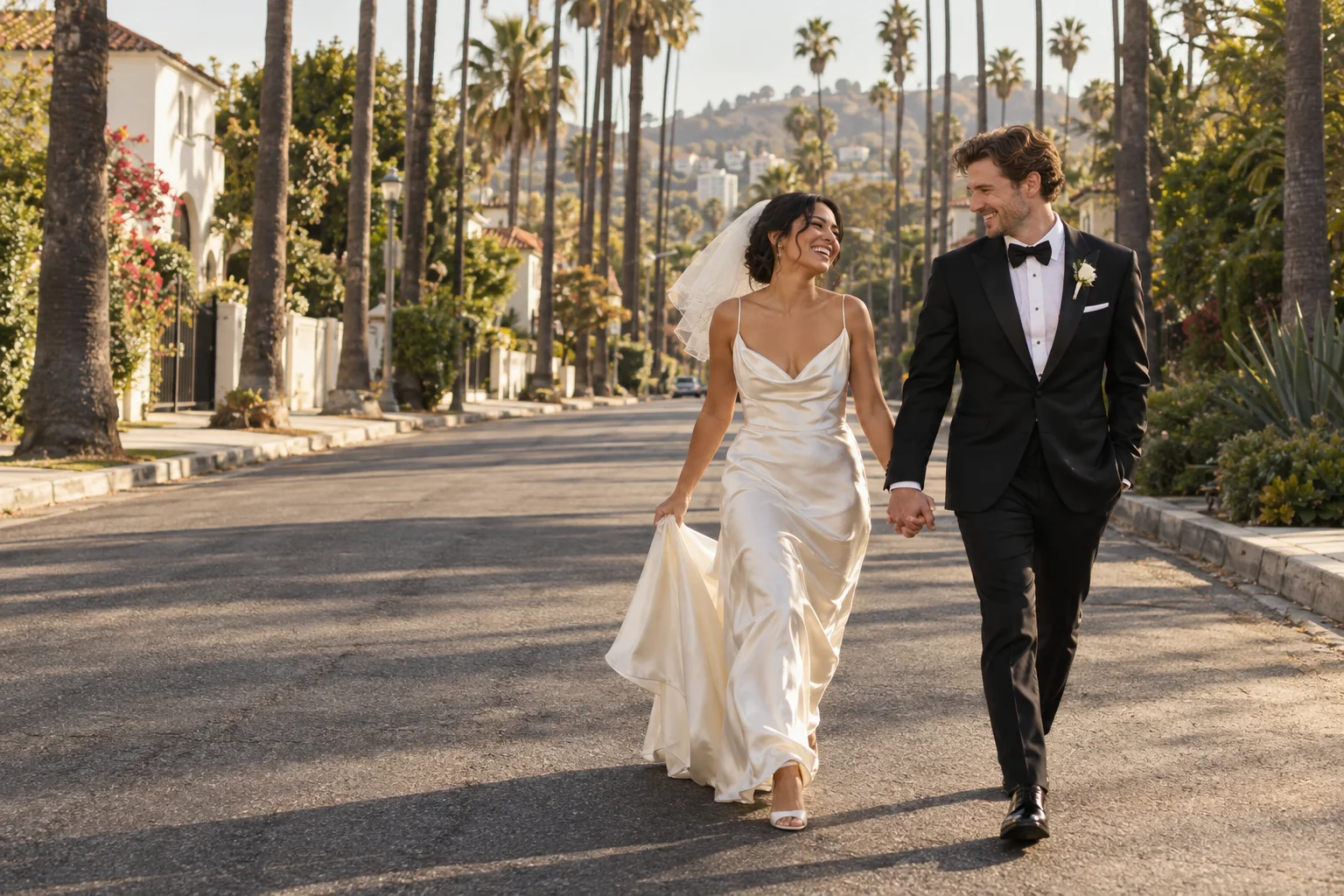Newlyweds walking together on a palm-lined Los Angeles street