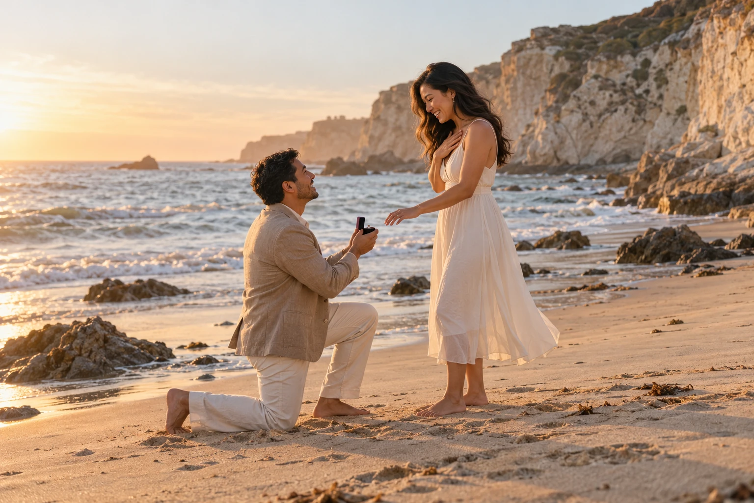 Proposal photographer Los Angeles: man kneeling with a ring on a Malibu beach at sunset